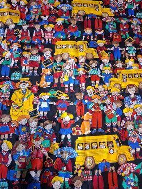 Vintage Kessler Concord Children School Bus Black Cotton Fabric, 50" x 44"